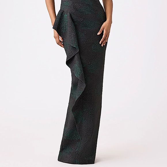 NWT Rickie Freeman Teri Jon black green pewter jacquard off shoulder formal gown - Picture 4 of 12